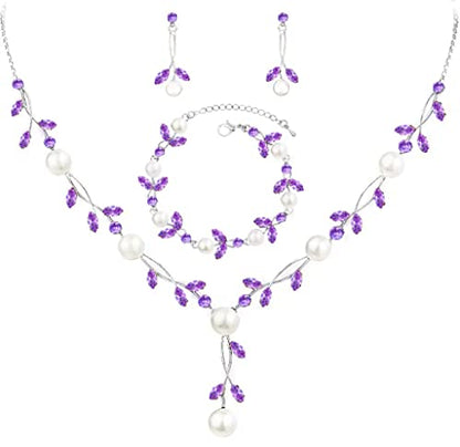 Luxury Cubic Zirconia Aurtrian Crystal Pearl Floral Necklace Dangle Earrings Wedding Bridal Jewelry Set Birthday Gifts for Her - color: Style02-Violet-Silver Plated