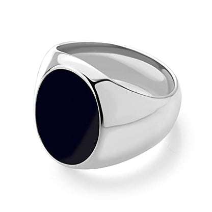 555Jewelry Stainless Steel High Polish Plain Oval Black Onyx Signet Ring for Men - color: Silver