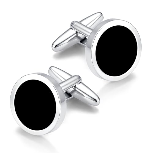 Men's Black Onyx Cufflink & Tuxedo Shirt Stud Set, 16mm Rhodium-Plated Brass, Elegant Gift Box - style: 2 cufflinks & 6 studs