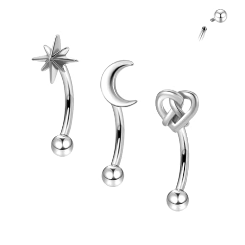 3Pcs Eyebrow Rings, 16G Threaded Gold Rook Earrings Piercing Jewelry for Women Men 316L Stainless Steel Lip Labret Barbells Ring - color: Silver, size: 16 gauge(1.2mm)-6mm
