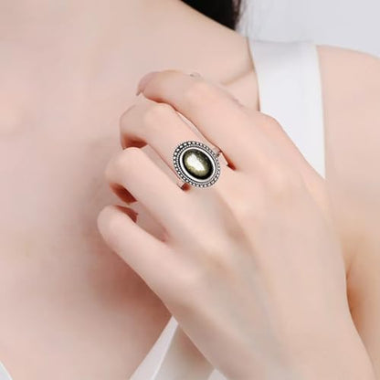 Natural Oval Stone Boho Ring,Retro Antique S925 Sterling Silver Crystal Quartz Gemstone Bohemian Statement Handmade Ring Jewelry for Women Her - color: B11_Black Obsidian