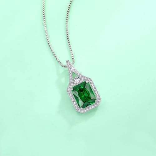 Created Gemstone Necklace 925 Sterling Silver Halo Rectangular Pendant Birthstone Necklaces Jewelry Gifts for Women - color: 05 May - Emerald