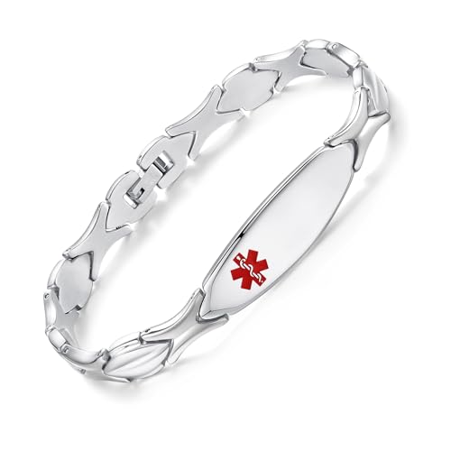 LinnaLove Fashion Shiny medical alert bracelet with Free Engraving Stainless steel Medical id bracelet for Women - color: Front-Silver