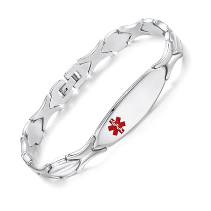 LinnaLove Fashion Shiny medical alert bracelet with Free Engraving Stainless steel Medical id bracelet for Women - color: Front-Silver