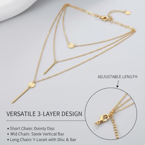Lariat Gold Necklaces for Women, 14K-Gold-Plated Long Chain Bar Stacking Layer Y-Necklaces, Hypoallergenic Non-Tarnish Jewelry for Gift