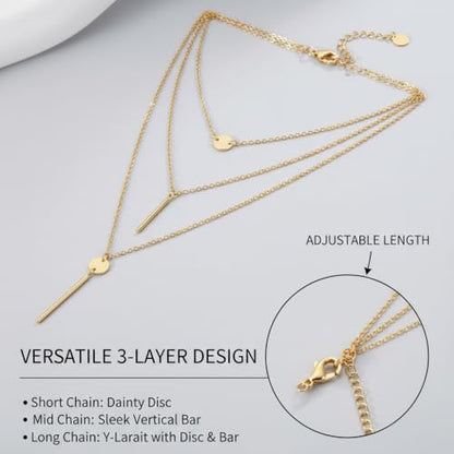 Lariat Gold Necklaces for Women, 14K-Gold-Plated Long Chain Bar Stacking Layer Y-Necklaces, Hypoallergenic Non-Tarnish Jewelry for Gift
