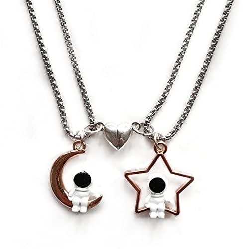 Caiyao 2Pcs Stainless Steel Mutual Attraction Couples Matching Spaceman Pendant Necklace Astronaut Promise Necklace for Women Men Friends Him Her Friendship Astronomy Jewelry Gift - color: F moon star heart