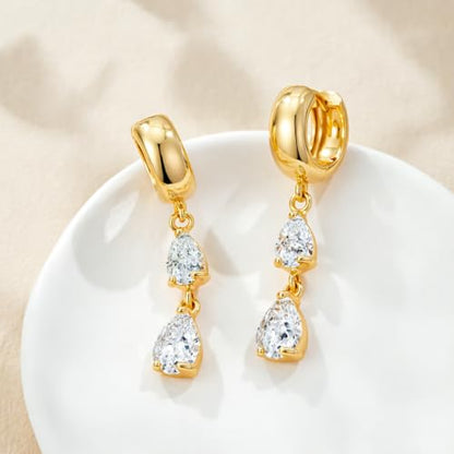 Gold Dangle Earrings for Women 14K Gold Plated Chunky Huggie Hoops Drop Earring Trendy Cubic Zirconia Diamond Crystal Round Teardrop Heart Charm Hypoallergenic Statement Jewelry Gifts - color: gold-teardrop CZ