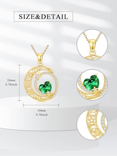 Midari 18K Yellow Gold Sun Moon Star Pendant Rose Flower Necklaces I Love You Forever Sun Moon Jewelry Gift for Mother Women - color: 05-May-Emerald, style: Moon&Star