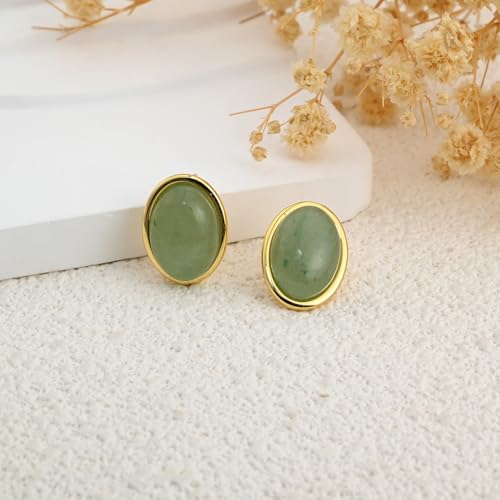 Whatforsh 14k Gold Plated Light Green Jade Oval Stone Stud Geometric Hypoallergenic Earrings for Women