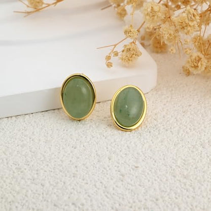 Whatforsh 14k Gold Plated Light Green Jade Oval Stone Stud Geometric Hypoallergenic Earrings for Women