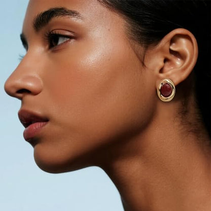 Jean Beau Chunky Gold Stone Stud Earrings for Women, Trendy Natural Gemstone Hypoallergenic Earing Valentine Jewelry Gift - color: Garnet