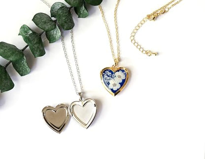Handmade Heart Shaped Dried Pressed Forget Me Not Flower Photo Locket Pendant Necklace - color: Gold, style: WHITE+ROYAL BLUE
