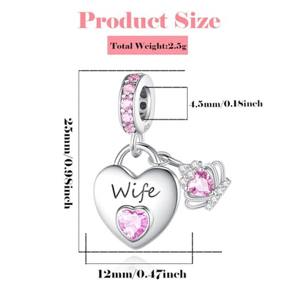 Family Charms for Charms Bracelet: 925 Sterling Silver Heart Dangle Charms for Bracelets and Necklaces, Birthday Mother's Day Christmas Jewelry Gifts For Women. - color: Wife