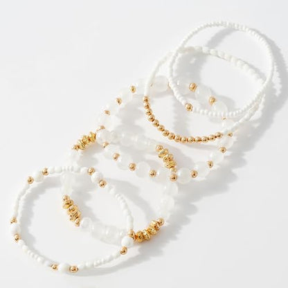 Boho Beaded Stretch Bracelets For Women Stackable Crystal Gold Plated Beaded Bracelets Set Trendy Handmade Friendship Braeclet Jewelry Gifts - color: A-White bead set