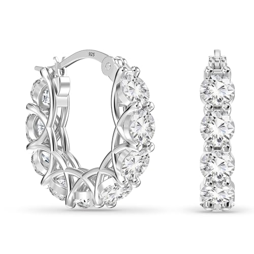 LeCalla 925 Sterling Silver Cubic Zirconia Hoop Earrings | Silver Small Chunky CZ Hoop Earrings | Hypoallergenic Round Click-Top Earring Hoops for Women - color: White-Gold CZ -20MM