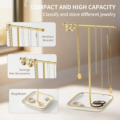 modern T-shaped jewelry rack, jewelry tower, gold metal, square ceramic base decoration display tower, necklace, bracelet, ring storage rack (1-layer ceramic disc) - style: 1-layer ceramic disc