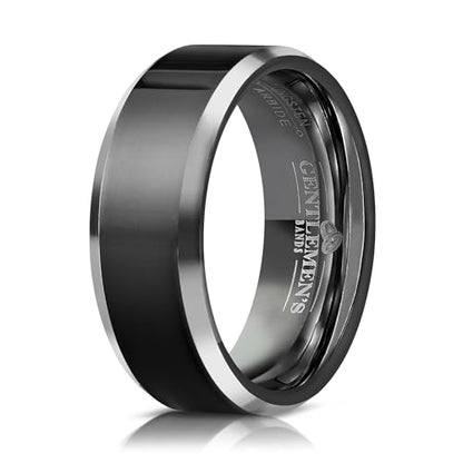 Men's Black Tungsten Carbide Wedding Band - Premium Grade Tungsten Black Wedding Band Beveled - Includes Silicon Band, Leather Drawstring Pouch, & Luxury Walnut Ring Box