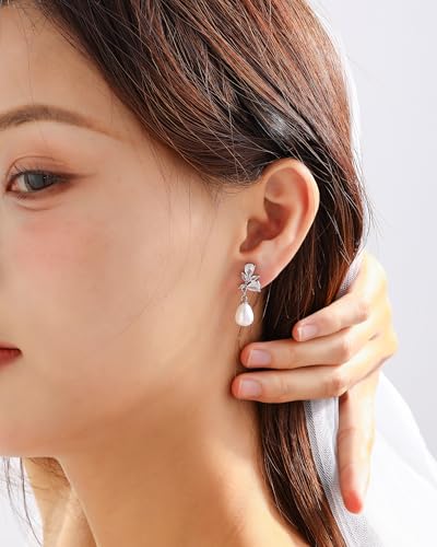 Pearl Earrings for Women, 14k Gold Plated Trendy Diamond Pearl Drop Earrings Bridal Shower Gifts Wedding jewelry for Women - color: Style J Silver