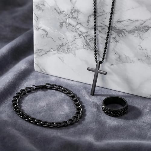 3-Piece Cross Pendant Necklaces Bracelets Rings Jewelry Sets for Men Women,Cuban Chain Bangle,Adjustable Box Link,Religious Charm,Fashion Jewelry Accessories for Party Birthday Gifts - color: Black