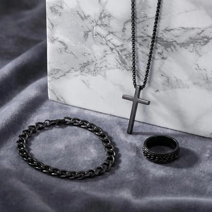 3-Piece Cross Pendant Necklaces Bracelets Rings Jewelry Sets for Men Women,Cuban Chain Bangle,Adjustable Box Link,Religious Charm,Fashion Jewelry Accessories for Party Birthday Gifts - color: Black