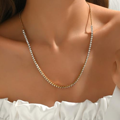 3mm Cubic Zirconia Tennis Necklace for Women, Dainty Adjustable 18K Gold Plated/Silver CZ Tennis Necklace, Hypoallergenic Iced Out Everyday Jewelry Gift for Her Wedding Party - color: Lariat Tennis-Gold