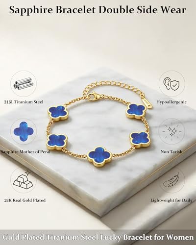 Four Leaf Clover Bracelet for Women 18K Gold Plated Stainless Steel 4 Leaf Link Chain Adjustable Bracelets Lucky Gift for Women/White/Black/Rich Red/Emerald Green/ Navy Blue/Pink Bracelets - color: Blue/Gold