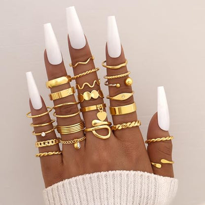 FAXHION 24-60 Pcs Gold Stackable Rings for Women, Knuckle Rings Chunky Gold Ring Set Dainty Stacking Cute Rings, Multiple Sizes Cute Jewelry Set Gift - style: Gold-24 Pcs01