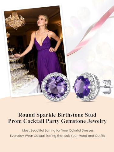 Bestyle Authentic 925 Sterling Silver 2 Carat Birthstone Earrings for Women, More Sparkle Heart/Round Solitaire Diamond Studs Earrings, Great Birthday/Christmas/Anniversary Jewelry for Wife Mother - color: 02. Feb. Amethyst-Round