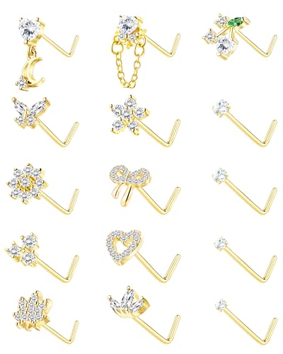 BSJ4U Nose Rings L Shaped for Women Nose Piercings 20G Surgical Stainless Steel Nose Studs CZ Heart Butterfly Flower Cherry Bow Moon Dangle Nose Piercing Jewelry - color: Gold Clear Nose Rings
