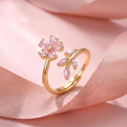Flower Leaf Wrap Finger Ring for Women,Delicate Pink Crystal Floral Statement Open Ring,Adjustable Promise Engagement,Trendy Irregular Flower Accessories,Prom Jewelry Accessory