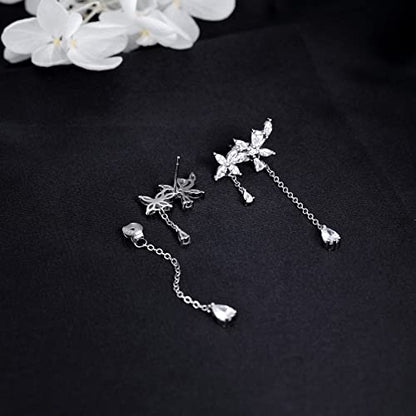 SLUYNZ 925 Sterling Silver Dainty CZ Flowers Wrap Earrings Dangle Chain for Women Elegant Dangling Earrings Bridal Earrings Wedding Engagement Drop Earrings Prom Engagement Party Jewelry - color: A-Silver