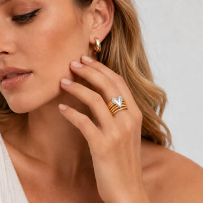 Two Tone Heart Open Ring 18K Gold Plated Stainless Steel Wide Band Adjustable Statement Ring for Women Fashion Jewelry