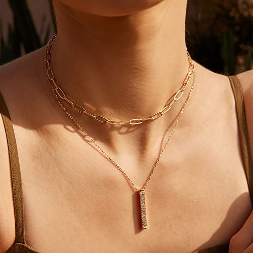 Valloey Rover Gold Necklaces for Women | Dainty 14K Gold/Sterling Silver Plated Cubic Zirconia Star Moon Pendant Necklaces Twist Rope Chain Simple Jewelry for Women - style: Gold-Bar