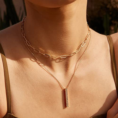 Valloey Rover Gold Necklaces for Women | Dainty 14K Gold/Sterling Silver Plated Cubic Zirconia Star Moon Pendant Necklaces Twist Rope Chain Simple Jewelry for Women - style: Gold-Bar