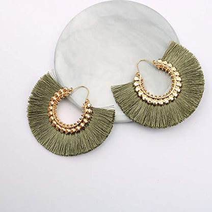 Tassel Hoop Earring Statement Thread Dangle Earrings Stylish Long Fringe Drop Earrings Lightweight Long Swingy French Hook Earrings for Women - color: C Army green