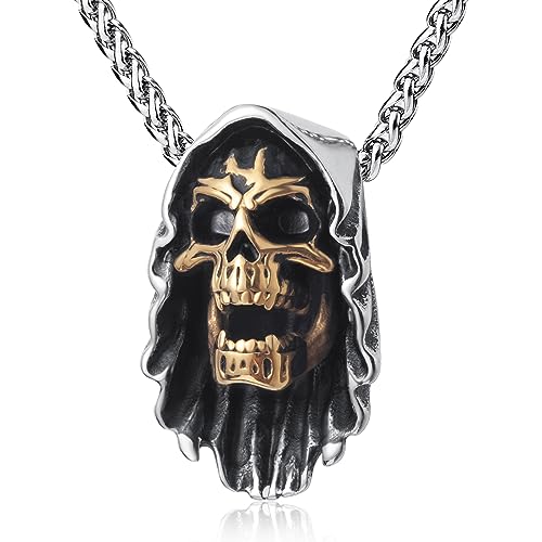 Skull Necklace for Men Stainless Steel Gothic Punk Emo Biker Necklace Jewelry for Men 60cm - style: Two-tone Death Skull