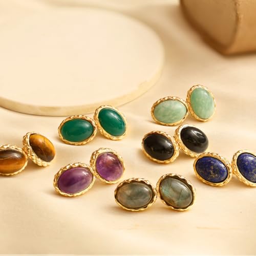 Gempires Bold Oval Gemstone Stud Earrings for Women – Natural Healing Stone Jewelry 14K Gold-Plated Hypoallergenic Tarnish-Resistant – Bold Statement Studs Gift for Her - style: Lapis Lazuli