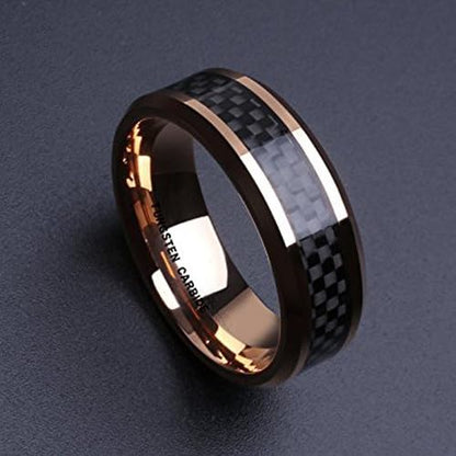 (8mm) Unisex or Men's Tungsten Carbide Wedding Ring Band. Rose Gold Tone band with Black Carbon Fiber Inlay. - size: 12