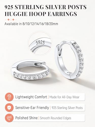 FaithHeart 925 Sterling Silver Post Small CZ Huggie Hoop Earrings for Women | Hypoallergenic Small Cubic Zirconia Hoop Earrings, Silver/Black/Gold/Rose Gold Huggie Earrings, 8-20mm with Gift Box - color: Silver, size: 12mm