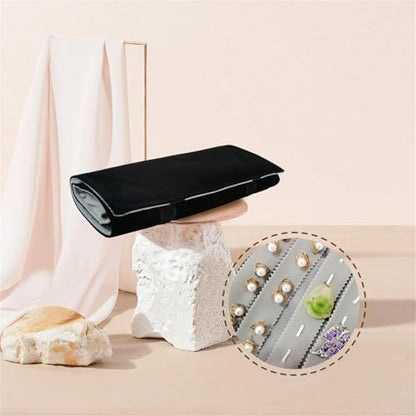 Velvet Travel Jewelry Case Roll Bag Organizer for Necklace Bracelet Earrings Ring (Black) (grey and black) - color: Grey and Black