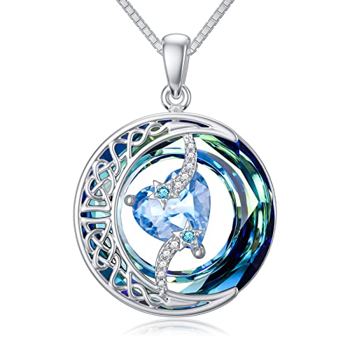 TOUPOP Birthstone Necklace Women Sterling Silver Moon Star Birthday Jewelry | Celtic Moon Pendant with Blue Crystal Anniversary Christmas Jewelry Gifts for Wife Mom Her - color: A-03-Aquamarine