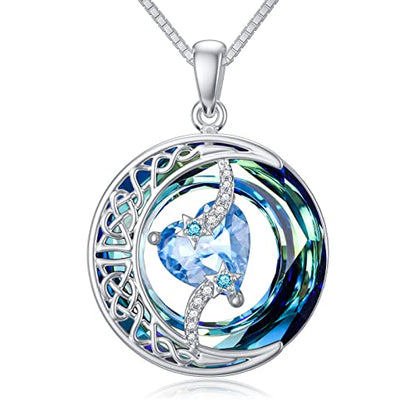 TOUPOP Birthstone Necklace Women Sterling Silver Moon Star Birthday Jewelry | Celtic Moon Pendant with Blue Crystal Anniversary Christmas Jewelry Gifts for Wife Mom Her - color: A-03-Aquamarine