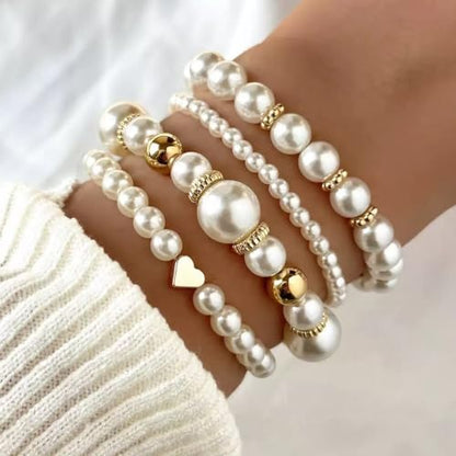 4/8 Pack Pearl Bracelets for Women Simulated Pearl Beaded Stackable Bracelet Set White Pearls Stretch Bracelet Set Multilayered Elastic Pearls Bracelets Bangles for Women Bridal Boho Jewelry - color: Gold