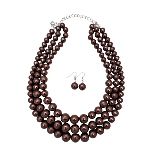 Simulated Pearl Necklace & Earring Set, Multi Strand - color: Dark Brown