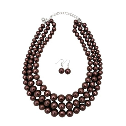 Simulated Pearl Necklace & Earring Set, Multi Strand - color: Dark Brown