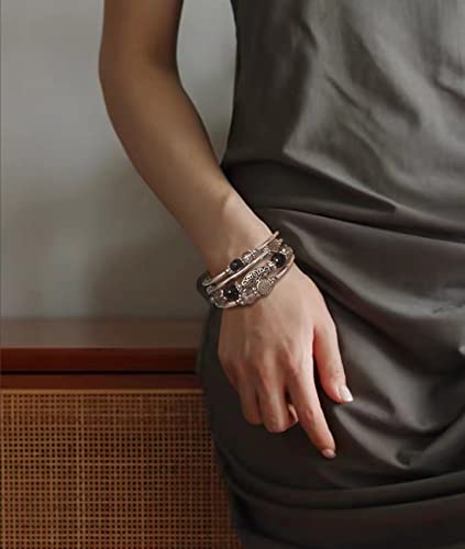 FULU AUTUMN Stackable Beaded Bracelets for Women Boho Wrap Silver Bracelet Layered Fashion Jewelry Gifts for Her - color: Black grey