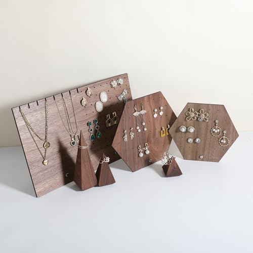 Hexagonal Earring Organizer stand, Walnut Plywood Jewelry Display Board for Hanging earring studs, Perfect for Storing and Showcasing Your Jewelry Collection【Set of Two Size】