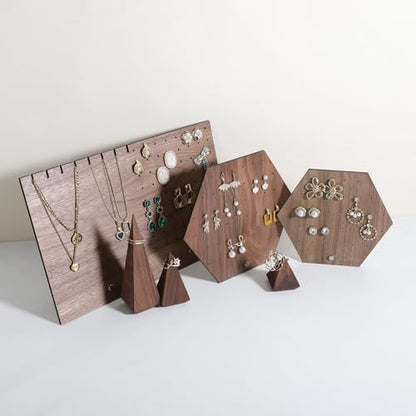 Hexagonal Earring Organizer stand, Walnut Plywood Jewelry Display Board for Hanging earring studs, Perfect for Storing and Showcasing Your Jewelry Collection【Set of Two Size】