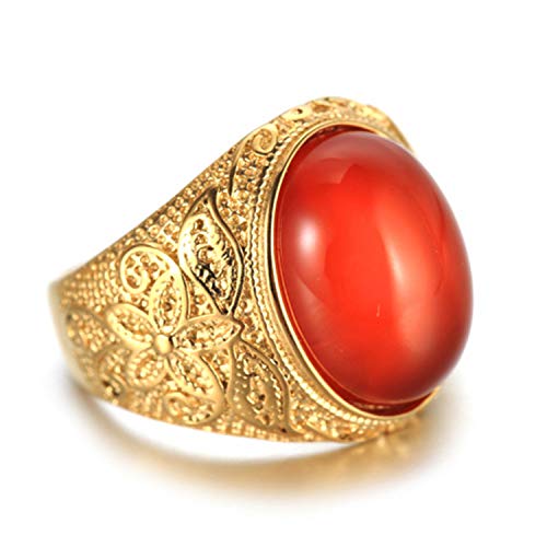 Retro Unisex Stainless Steel Oval Gemstone Hollow Flower Carved Signet Ring - color: Gold-Red